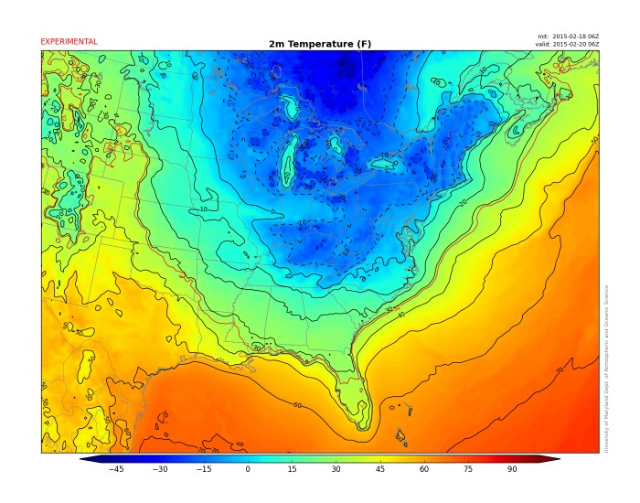 Forecasted temperatures at 1AM Friday from our in-house WRF model.