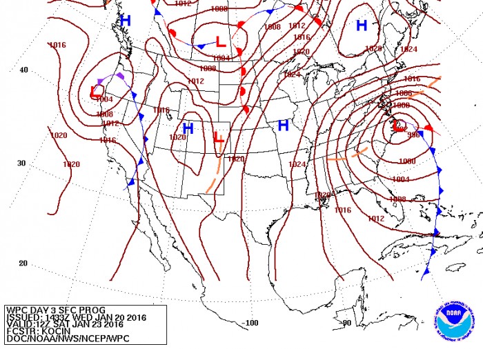 Forecast surface analysis for 12z Saturday by the Weather Prediction Center