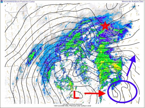 Surface pressure and radar along East Coast at 3pm on 1/22/16