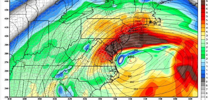 Surface Pressure and Wind forecast for 2pm on 1/23/16