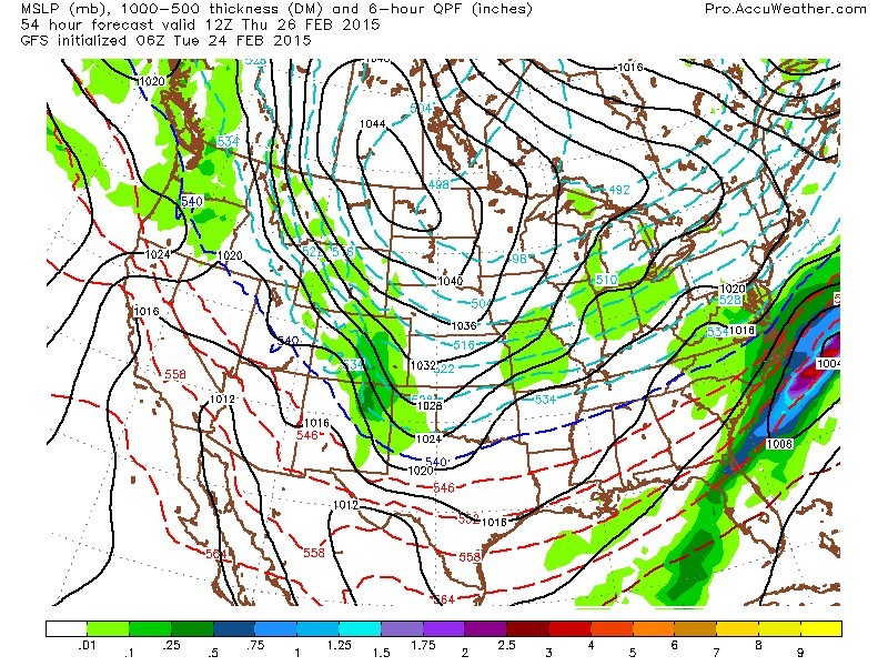 06Z GFS model forecast for 8 AM thursday Feb 26, showing light precipitation over College Park