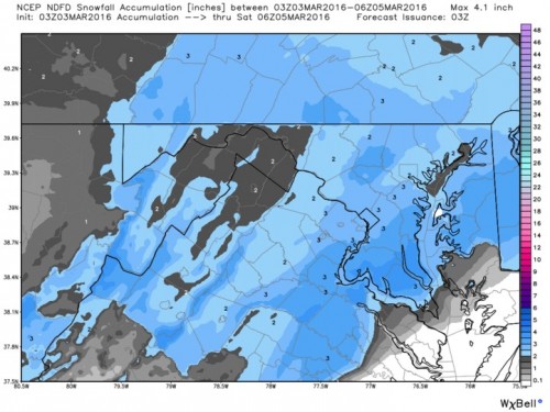 Snowfall Totals prediction from the NWS Sterling.