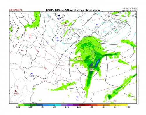 The 12z TerpWRF showing the primary low east of our region bringing light snow with the secondary low forming off of the coast of Cape Hatteras.