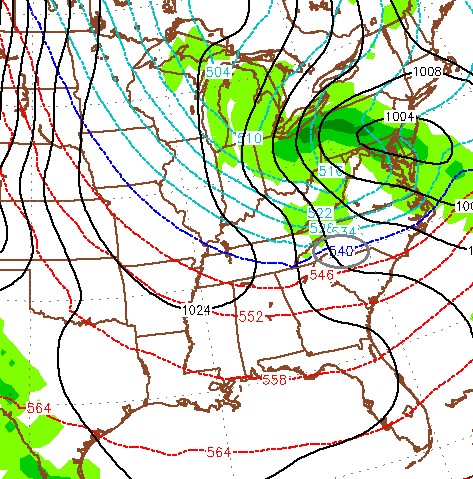 06Z GFS MSLP, Precip, and 1000-500 MB Thickness at hour 30 (540 MB line circled in gray)