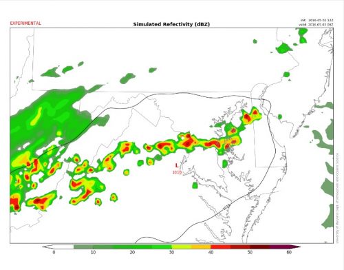 Terp WRF shows a line of thunderstorms over DC at 8pm tonight 