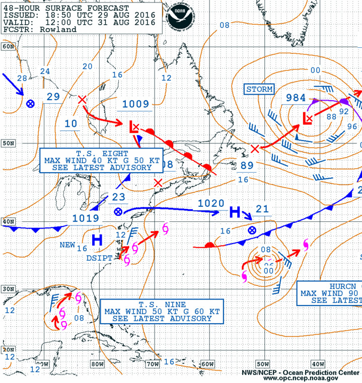 See ya later TD 8. Cold front kicks the storm out to sea and ushers in some comfortable weather for the weekend. Via OPC 