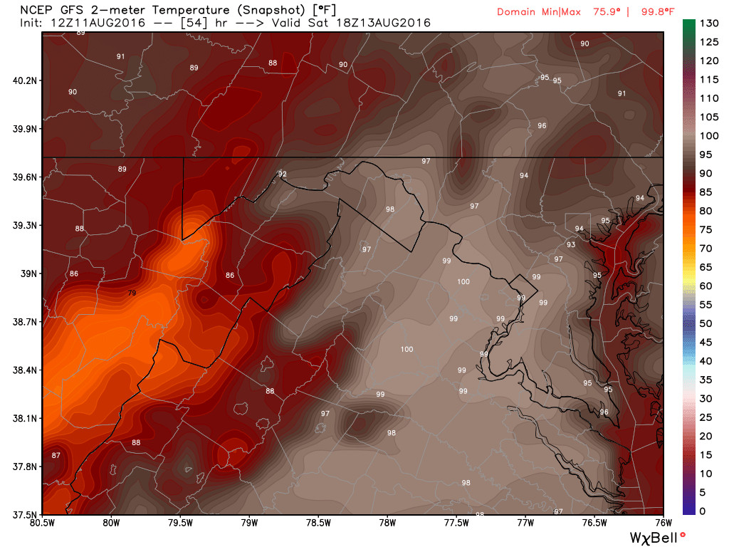 August 11th 12z GFS model run showing the high temperatures in the upper 90s to near 100 for Saturday. 