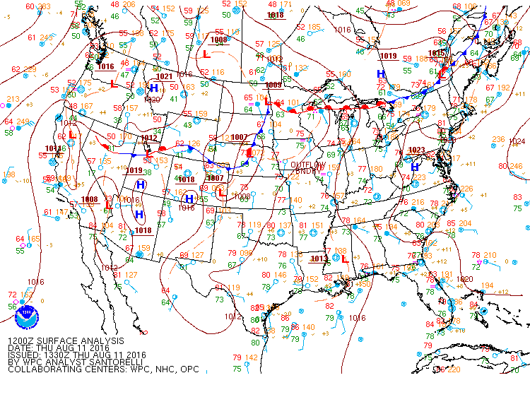 Today's 12z surface analysis showing the high pressure centered over the Mid-Atlantic. Courtesy of NOAA.