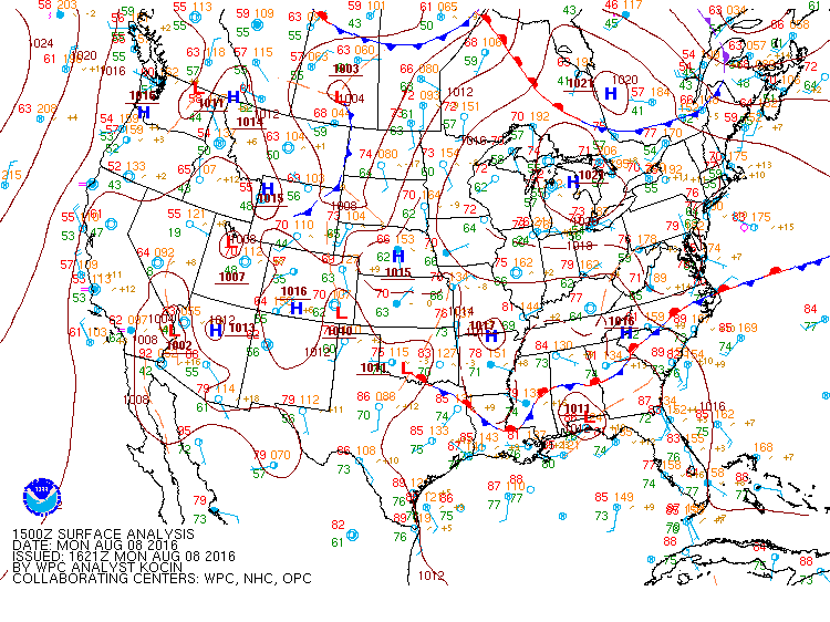 Current surface analysis showing the high over the Northeast and the low pressure system over the Southeast. Courtesy of NOAA: