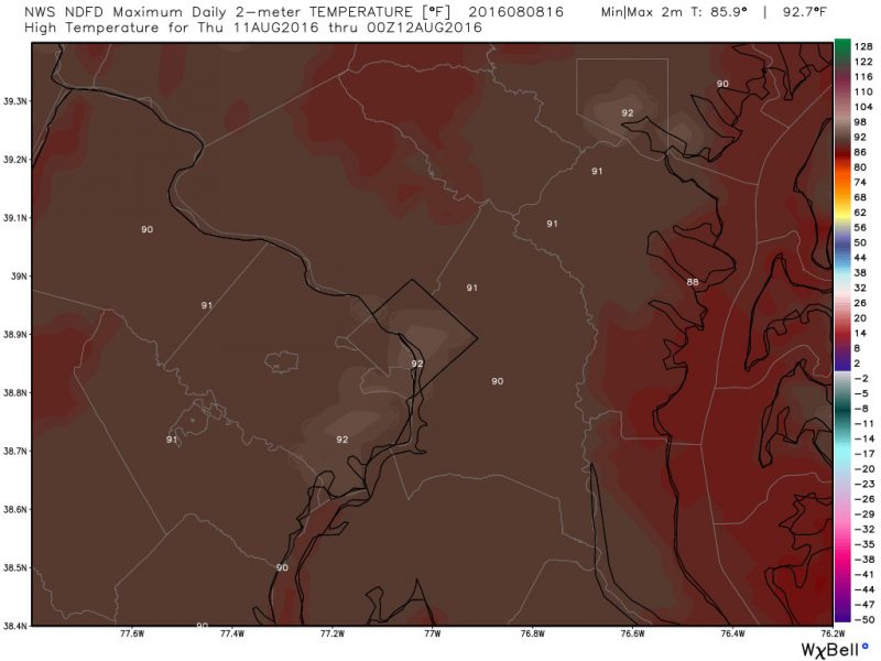 The National Weather Service high temperature prediction for Thursday which shows highs in the low 90s. Curious