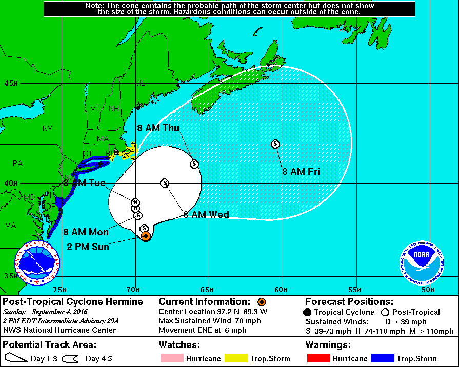 11 AM Forecast Track for Hermine showing it will stay far off the coast. Courtesy of NHC.