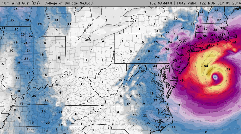 Potential 10m wind gusts on Monday 12Z (8:00 a.m.)