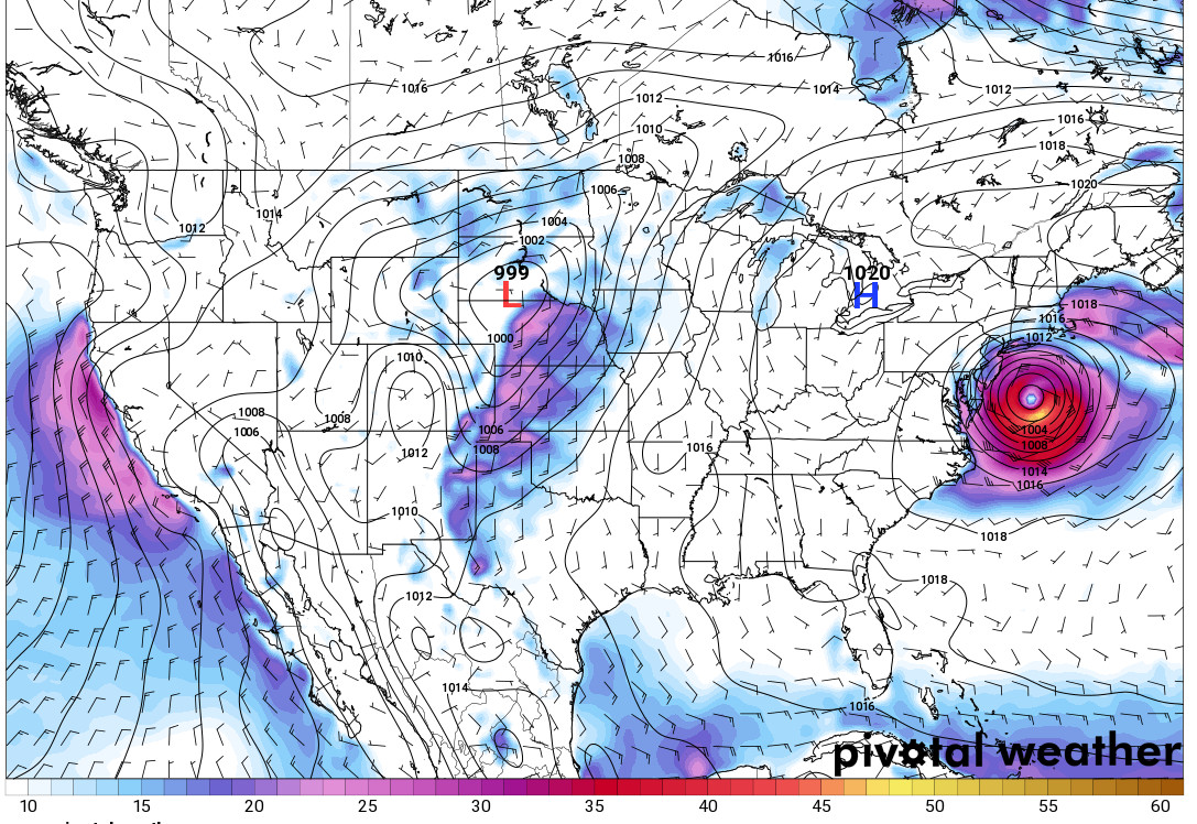 GFS model 72-h forecast (valid 8 am EST Sunday Sep 4th) of surface pressure (mb) and 10-m winds (kt)