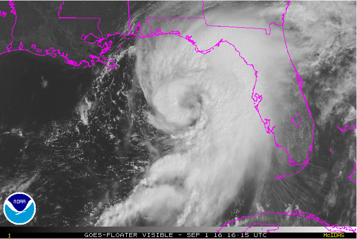 NOAA GOES Visible satellite image for Tropical Storm Hermine, valid 6:45 am EST