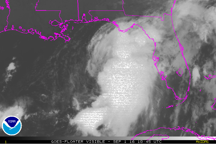 NOAA GOES Visible satellite image of Hermine, valid 6:45 am EST 