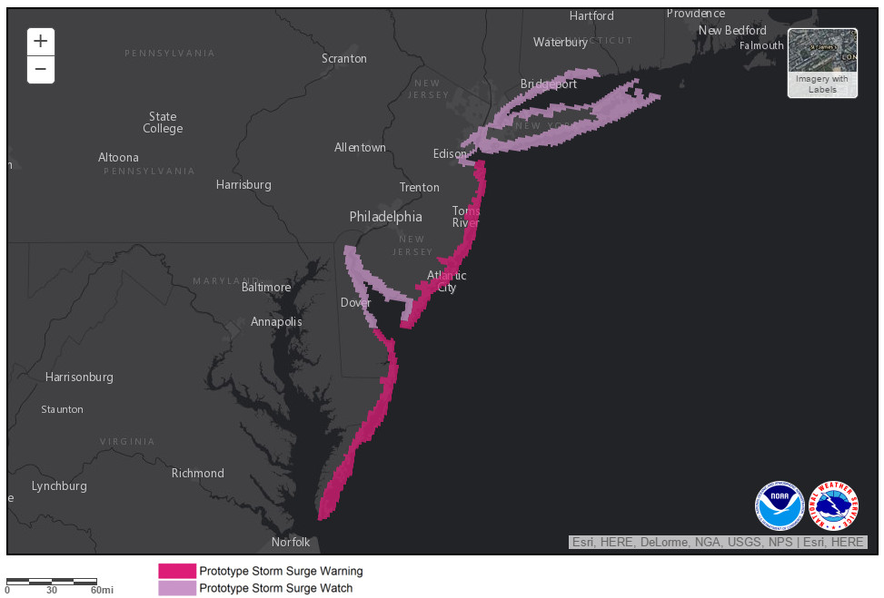 Experimental storm surge warnings are currently issued for the coastal areas of Maryland and Delaware. Coursity of NHC