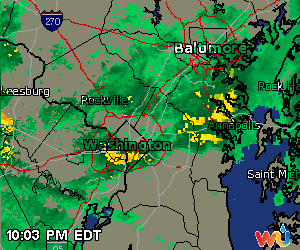 Current Weather Underground Radar displaying light (green) to moderate showers (yellow) 