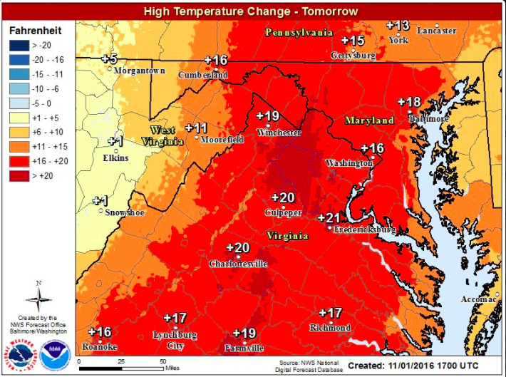 Forecast departures from normal for Wednesday high temperatures. Via NWS