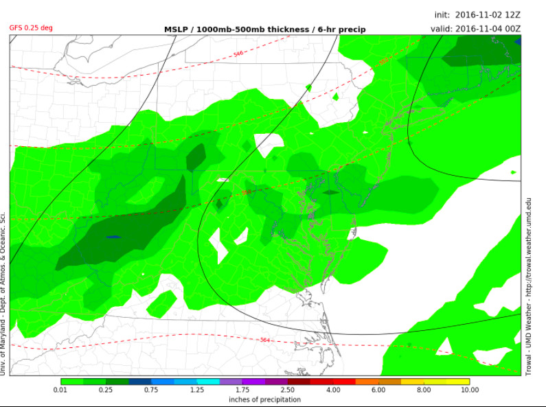 Light precipitation in the area at 8pm tomorrow. Via GFS. 