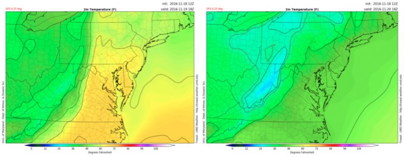 Saturday (Left) and Sunday (Right) will feature very different high temperatures