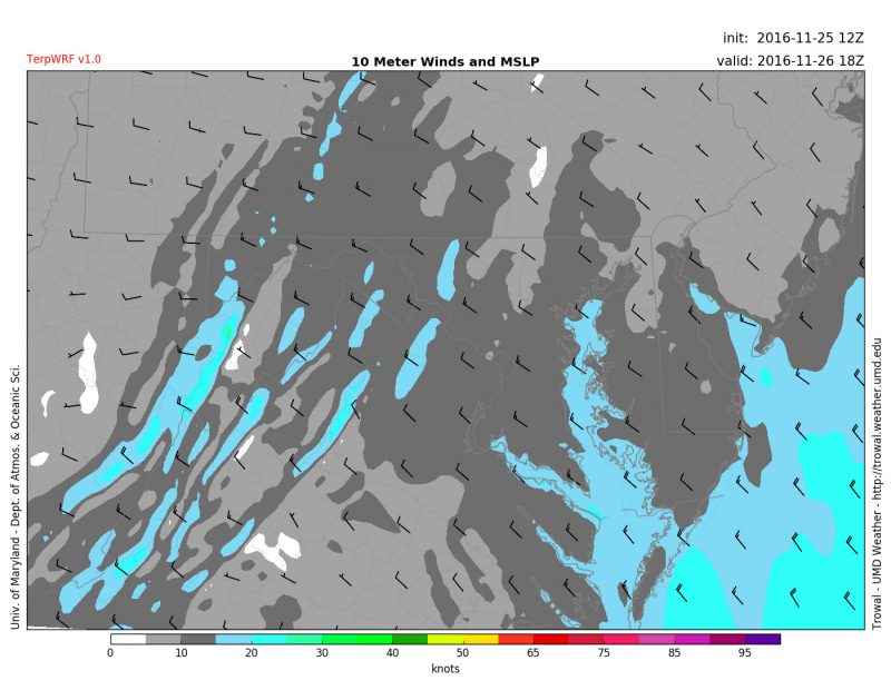 TerpWRF wind forecast for Saturday afternoon