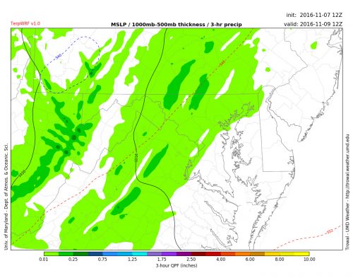 TerpWRF showing light showers in our area during overnight Tuesday. 