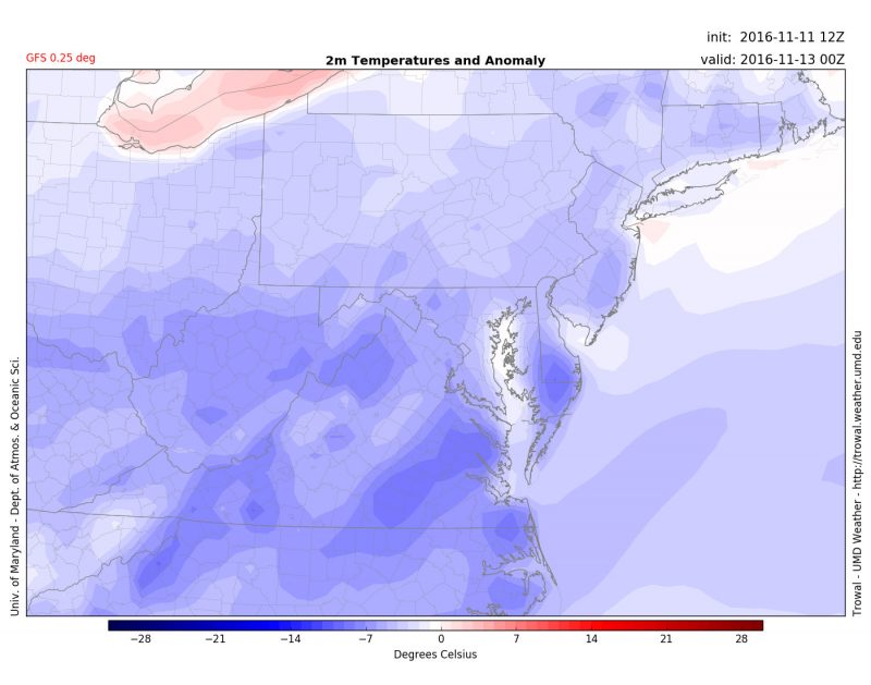GFS 2 meter temperature anomaly for Saturday evening 