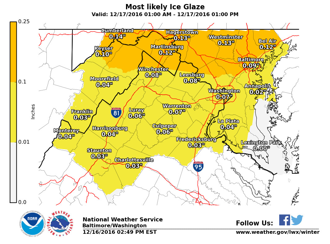 NWS ice forecast shows around a tenth of an inch around College Park with increasing amounts to the north