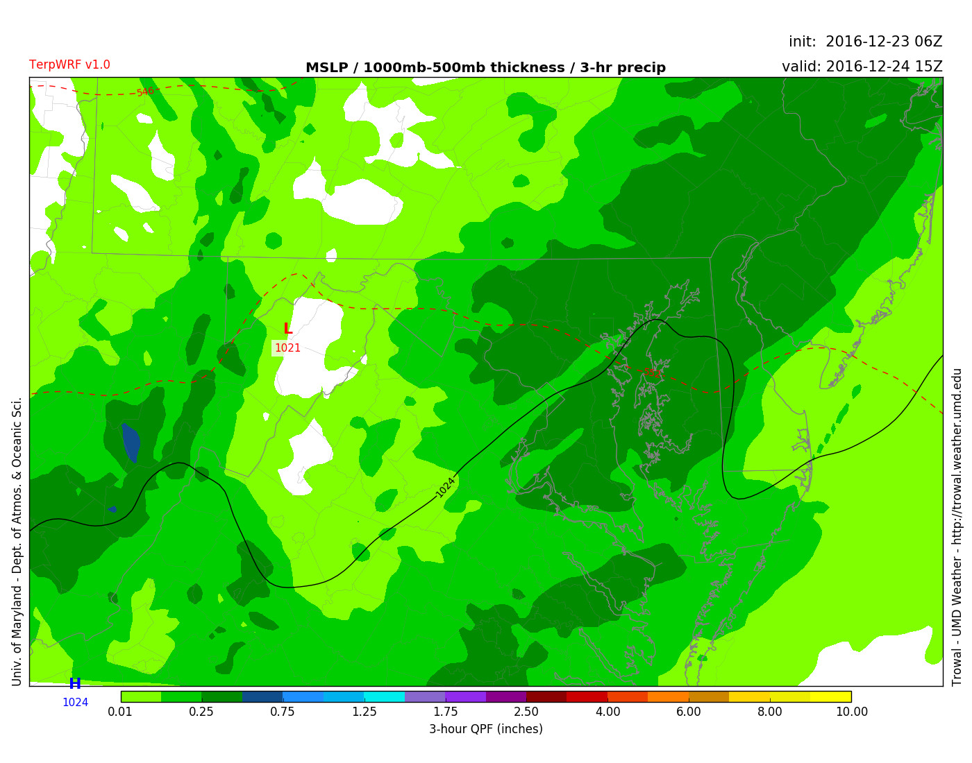 TerpWRF shows rain across the region on 10 am Christmas Eve