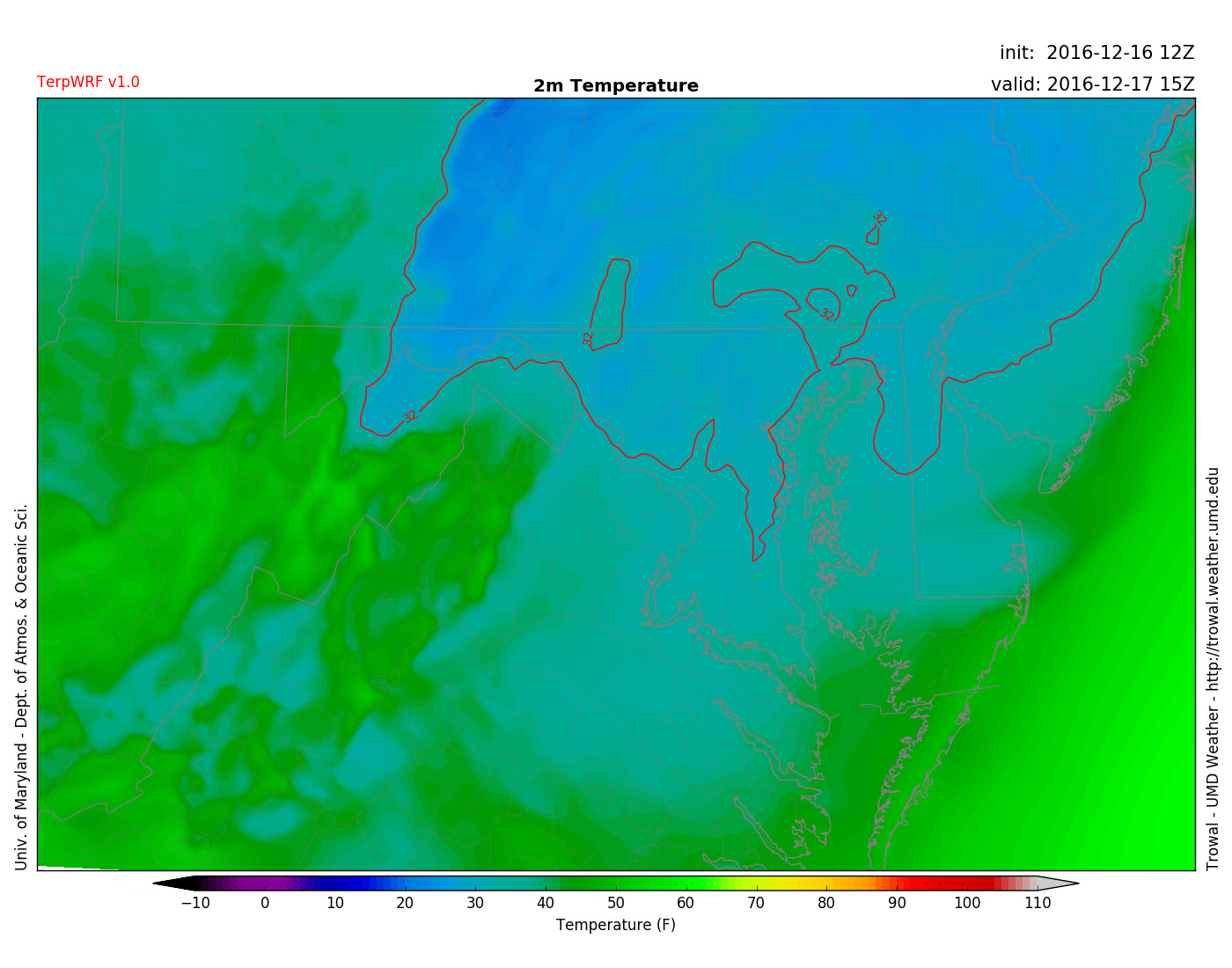 TerpWRF showing temperatures above freezing in College Park by 11 am, but still below freezing to the north