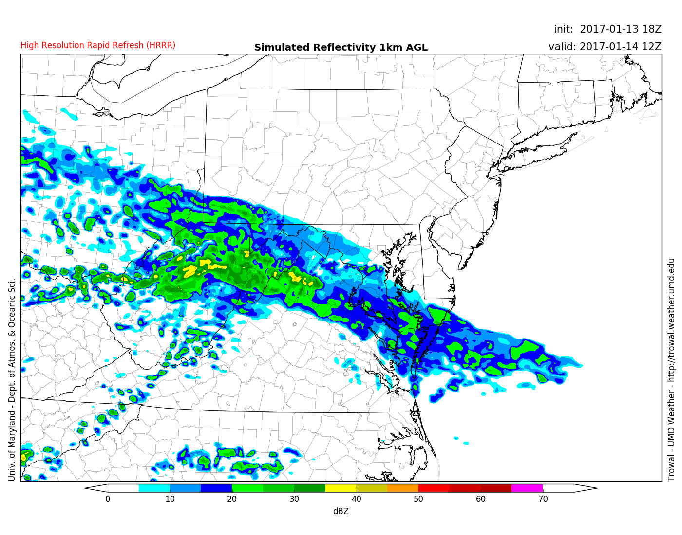 HRRR model shows precip moving in around 7 am