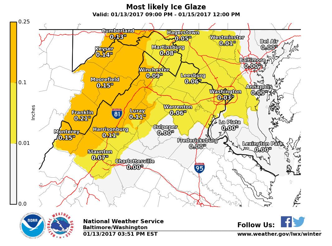 NWS ice forecast shows a general glaze of ice across the region, but any ice can cause problems