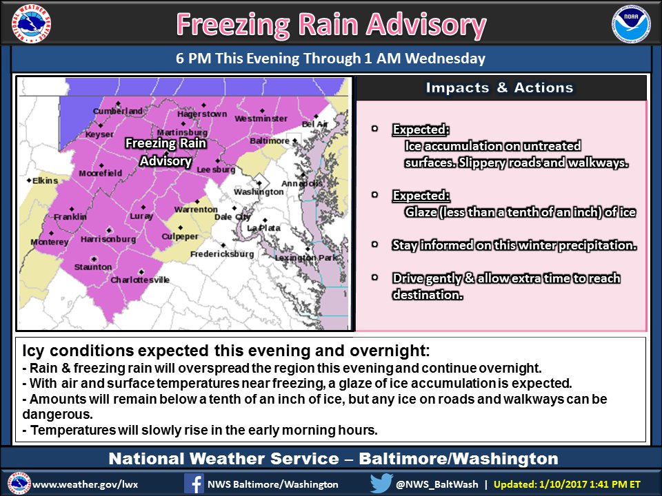 NWS has issued a Freezing Rain Advisory for locations colored pink from 6 p.m. tonight through 1 a.m. Wednesday