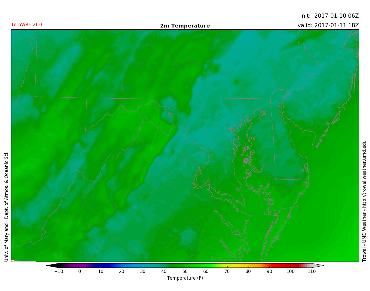 MD TERPWRF displays 1 p.m. temperatures for Wednesday (via UMD TROWAL)